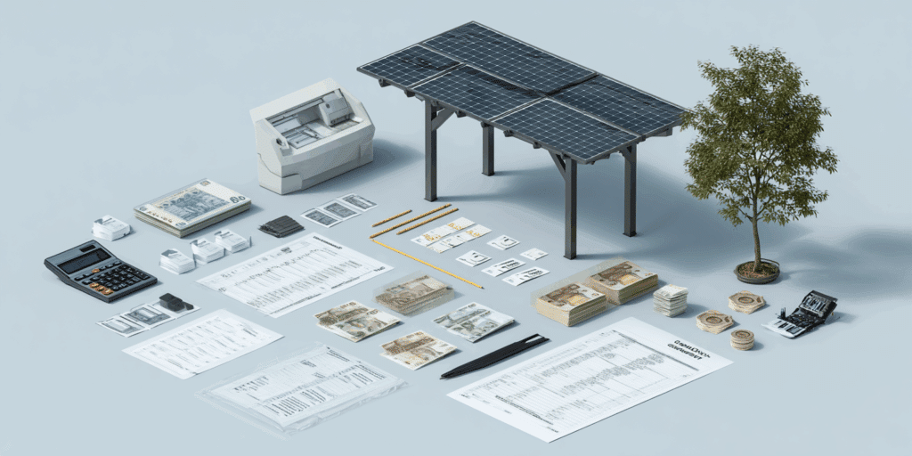 Composition montrant panneaux solaires, calculatrice, documents financiers, billets et pièces de monnaie disposés sur fond clair.