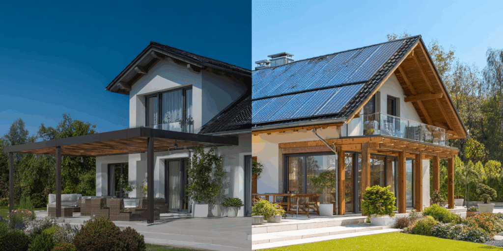 Comparaison de deux maisons : maison moderne avec une pergola solaire à gauche et maison avec panneaux solaires sur le toit à droite.