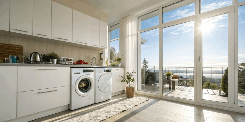 Cuisine ensoleillée lumineuse avec machine à laver en marche