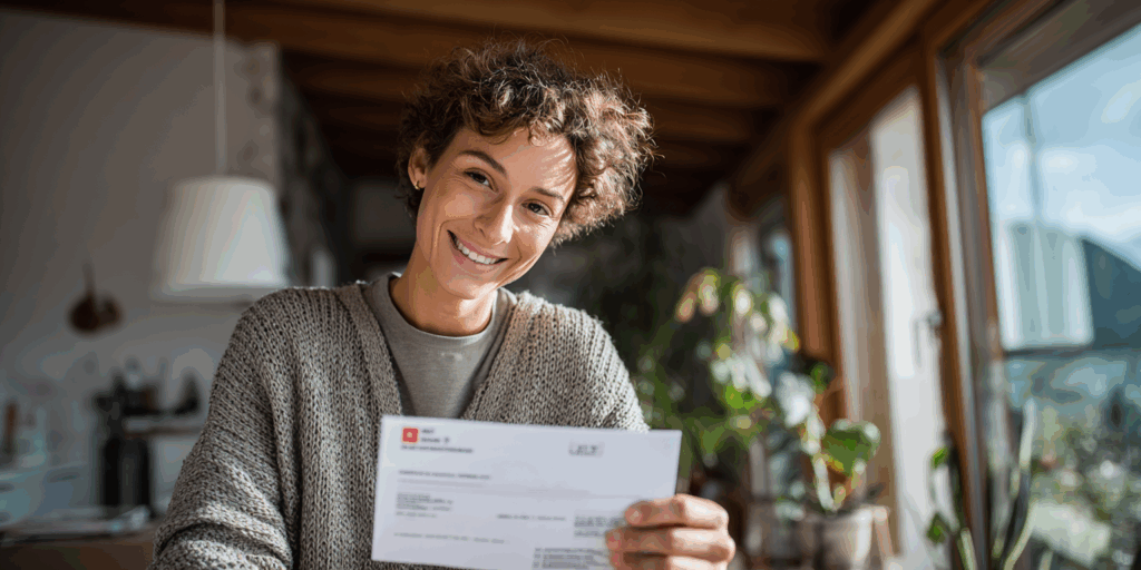 Jeune femme souriante tenant des documents de subvention