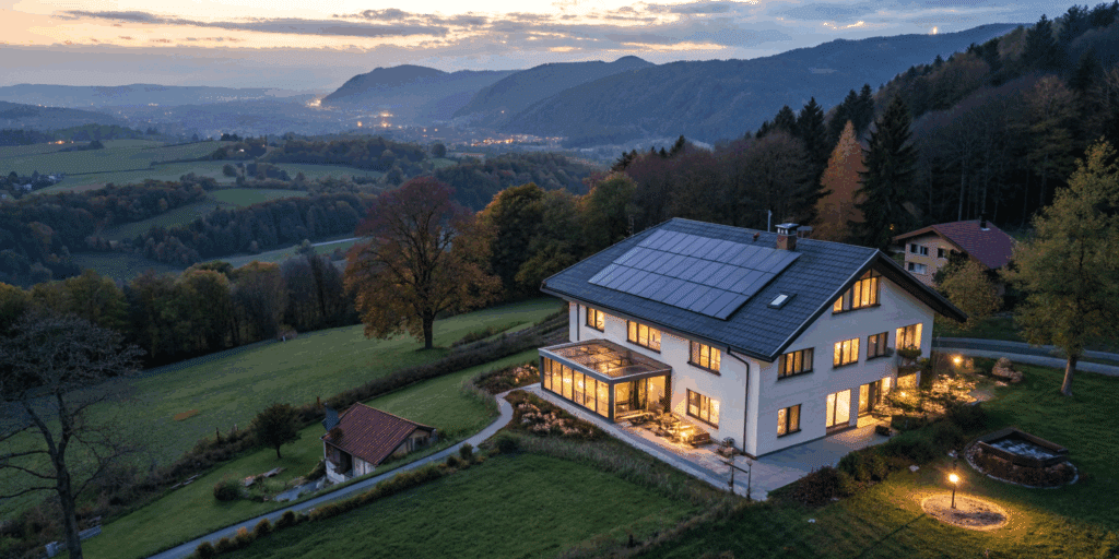 Vue aérienne d'une maison moderne isolée avec des panneaux solaires