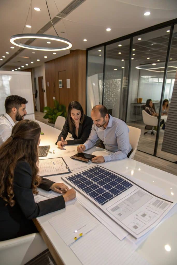 Une table de réunion vue de dessus, sur laquelle sont posés un plan d | Projet solaire en copropriété&nbsp;: quelles sont les démarches&nbsp;?'installation solaire pour un immeuble et des documents officiels.