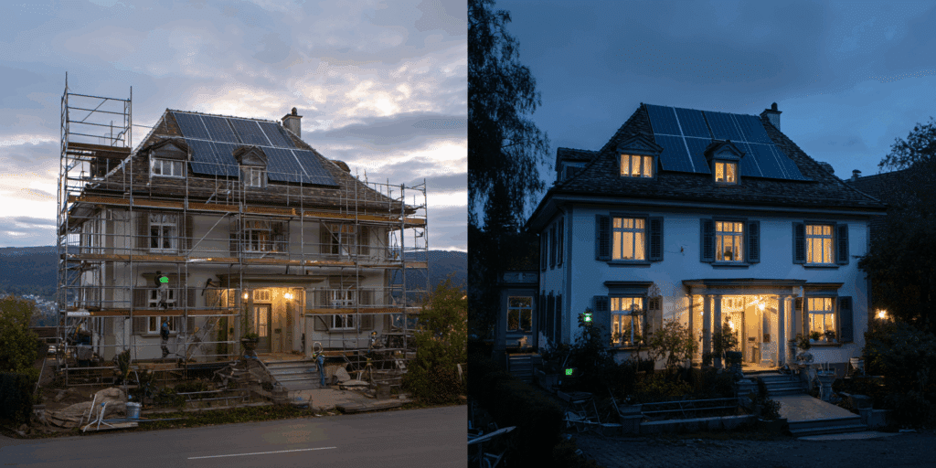 Comparaison entre 2 maisons, une en cours de pose de panneaux solaires et l | Les démarches pour installer des panneaux solaires en Suisse'autre avec la pose terminée