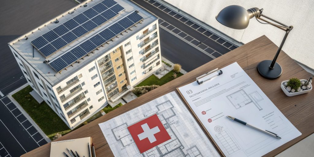 Un plan de toiture pour une installation solaire posé sur un bureau, à côté d | Projet solaire en copropriété&nbsp;: quelles sont les démarches&nbsp;?'un document officiel suisse (Pronovo) et d'un stylo.