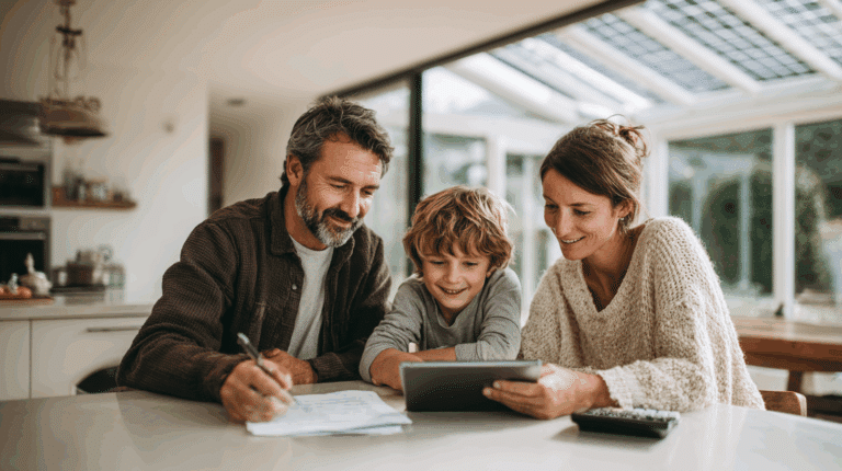 Couple avec un enfant à table qui regarde une tablette