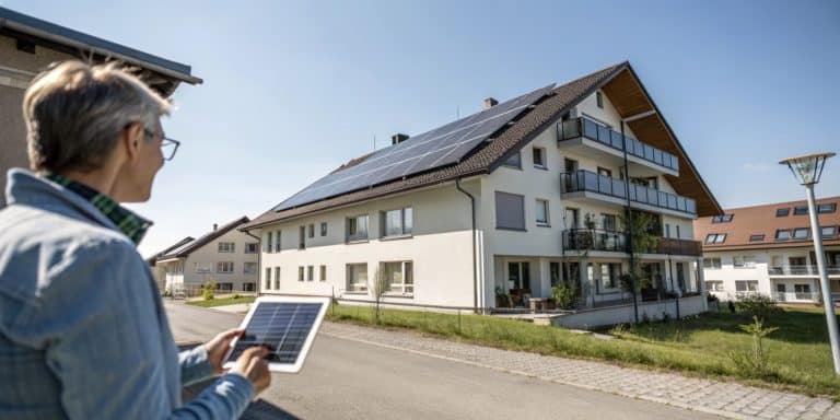 Un immeuble d'habitation moderne, de type PPE, dont le toit plat est entièrement recouvert par une installation de panneaux solaires.