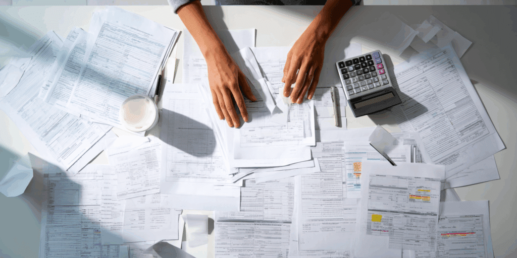 Paperasse sur une table avec une calculatrice