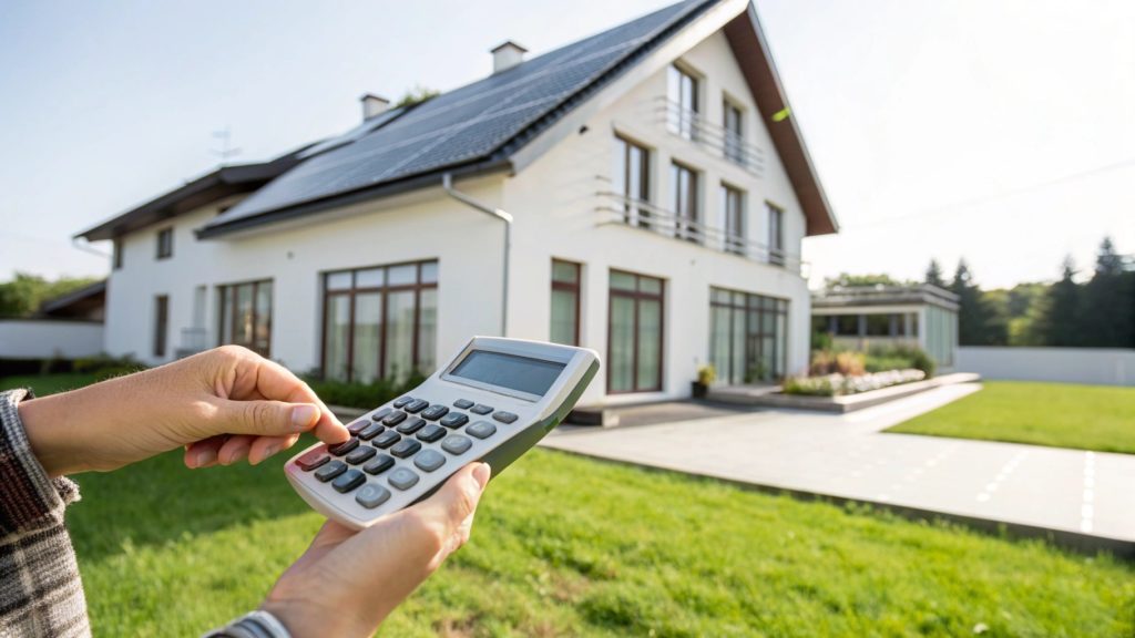 Trisol vous aide à calculer l'impact réel de votre investissement sur le long terme | Trisol Gros plan sur des mains utilisant une calculatrice, avec une maison équipée de panneaux solaires en arrière-plan.