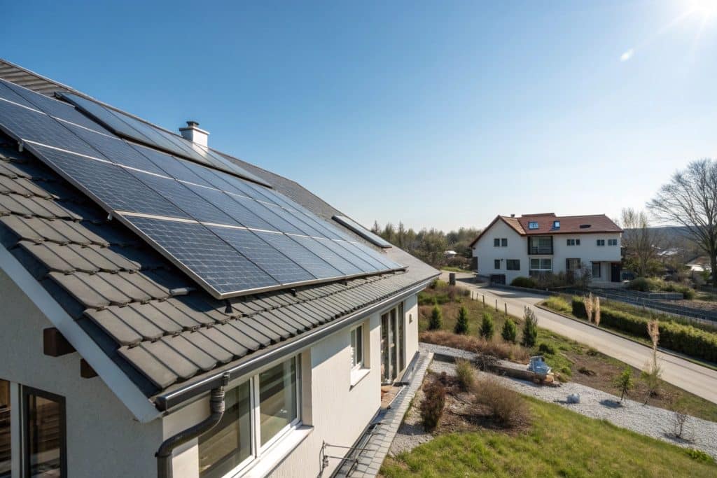 Gros plan sur des panneaux solaires installés sur une toiture en pente, exposés en plein soleil. | Faut-il un toit orienté sud pour installer du solaire&nbsp;?