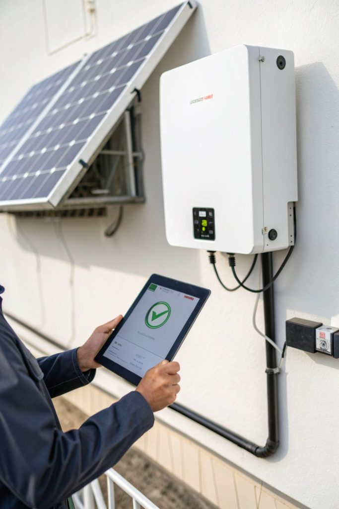 Pour votre sécurité faites vérifier votre installation solaire par des professionnels | Trisol Un technicien vérifie le fonctionnement d'un onduleur solaire à l'aide d'une tablette affichant une coche verte de validation.