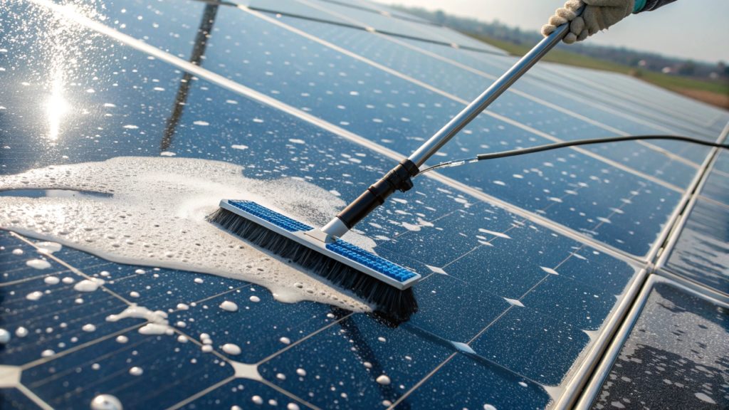 Trisol vous accompagne dans le nettoyage de vos panneaux photovoltaïques | Trisol Gros plan sur une brosse lavant des panneaux solaires recouverts de mousse.