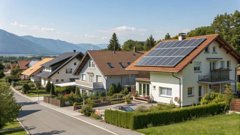 Une maison équipée de panneaux solaires sur son toit, située dans une rue résidentielle ensoleillée avec des montagnes en arrière-plan.