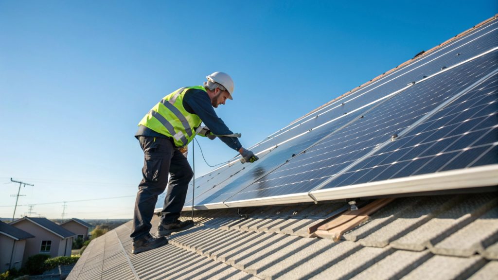 Trisol reprend la maintenance complète de votre installation solaire orpheline | Trisol Un technicien solaire avec casque et gilet de sécurité travaille sur une installation photovoltaïque résidentielle sous un ciel bleu.