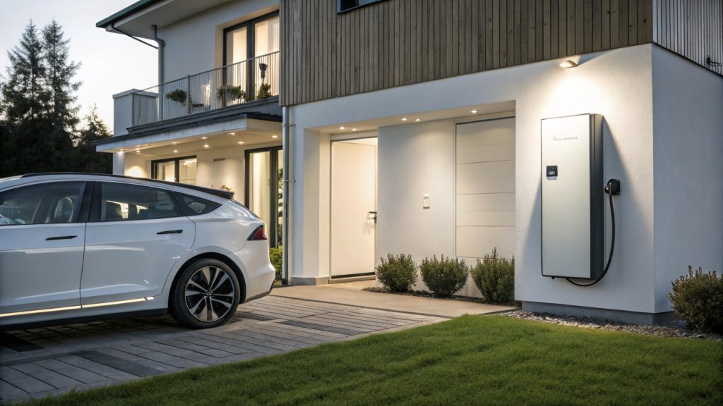 Une voiture électrique blanche branchée à une borne de recharge, installée sur le mur d | Charger sa voiture électrique au solaire est-ce rentable&nbsp;?'une maison à côté d'une batterie de stockage.