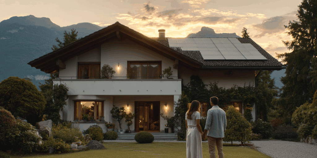 Couple regardant une maison avec des panneaux solaires
