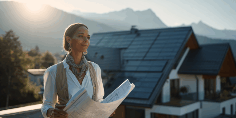 Femme avec un plan d'installation solaire dans les mains et maison avec panneaux solaires en arrière plan