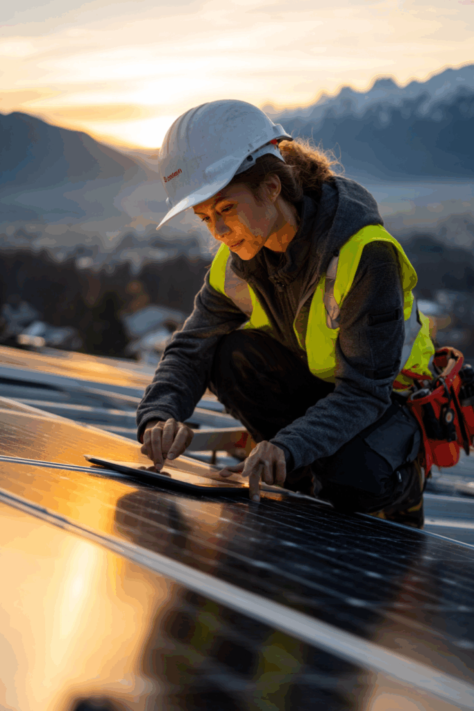Femme sur un toit d | Les démarches pour installer des panneaux solaires en Suisse'une maison qui vérifie les panneaux solaires