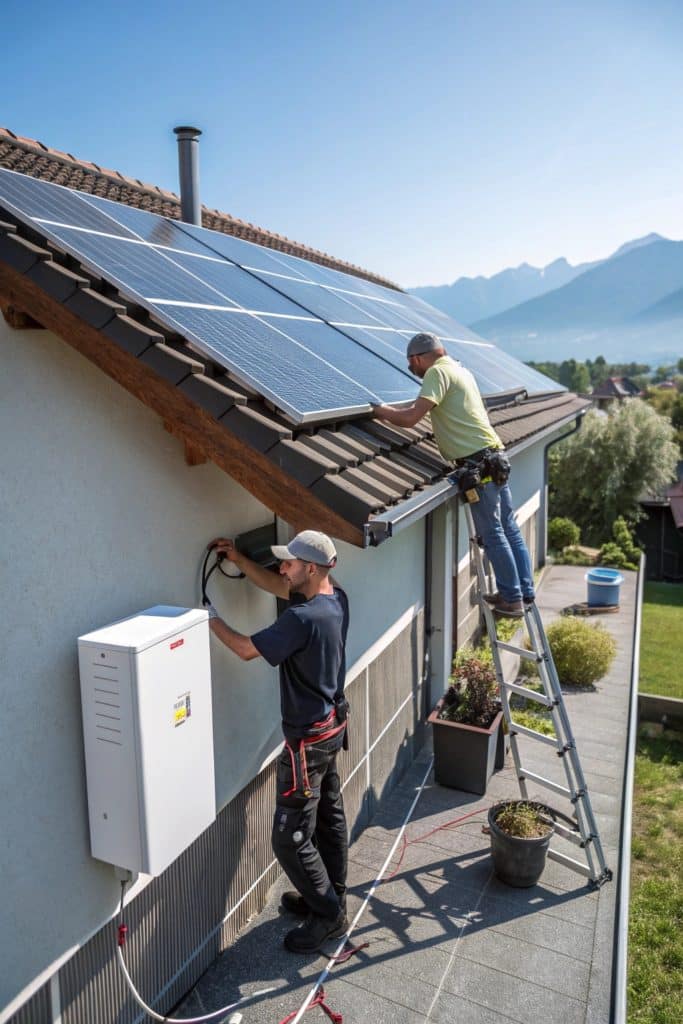 Deux techniciens installent des panneaux solaires sur le toit d | Charger sa voiture électrique au solaire est-ce rentable&nbsp;?'une maison.