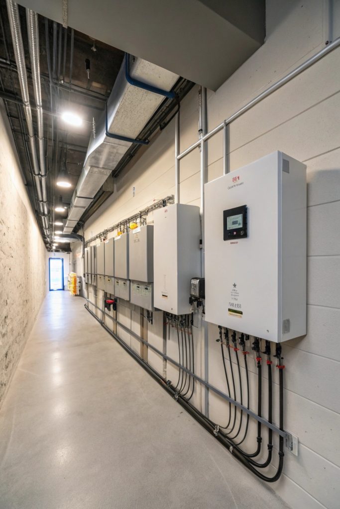 Un local technique avec plusieurs tableaux électriques ouverts et un onduleur solaire fixé au mur, illustrant la répartition de l | Projet solaire en copropriété&nbsp;: quelles sont les démarches&nbsp;?'énergie.