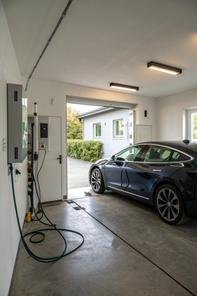 Une voiture électrique garée dans un garage, à côté d'une borne de recharge installée au mur.