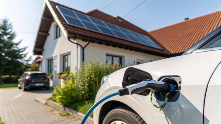 Voiture électrique en recharge devant une maison équipée de panneaux solaires. | Charger sa voiture électrique au solaire est-ce rentable&nbsp;?
