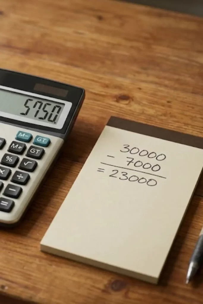 Trisol-calcul-fiscal | Trisol Calculatrice avec une carnet avec un calcul fait à la main.