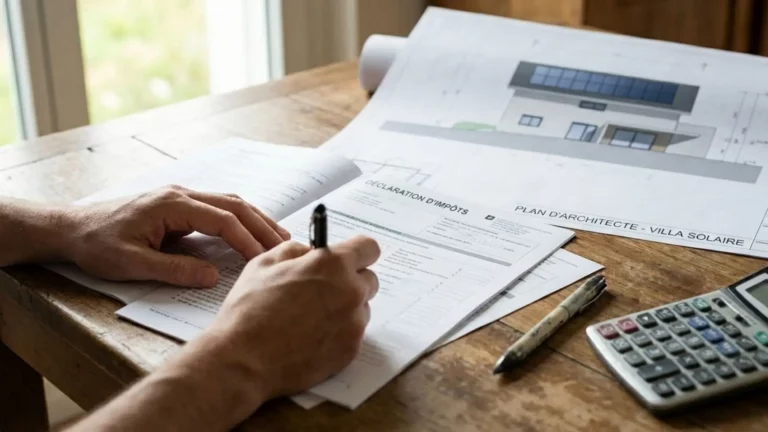 Trisol-impots-installation-solaire | Trisol Mains remplissant une déclaration d'impôts sur un bureau en bois, avec un plan de maison en arrière-plan.