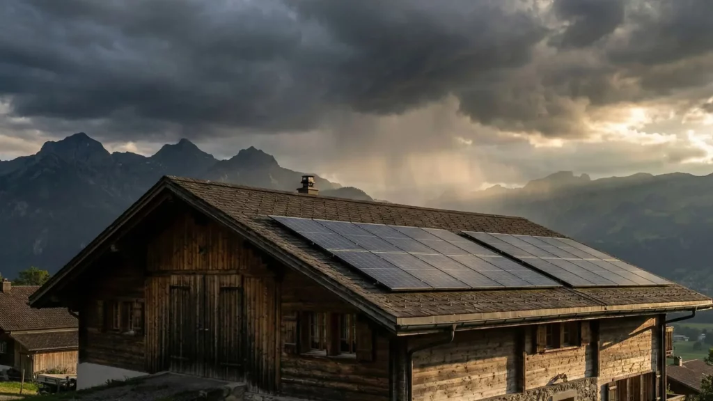 Trisol-maison-panneaux-solaires-orage | Trisol Maison avec des panneaux solaire avec un ciel orageux.