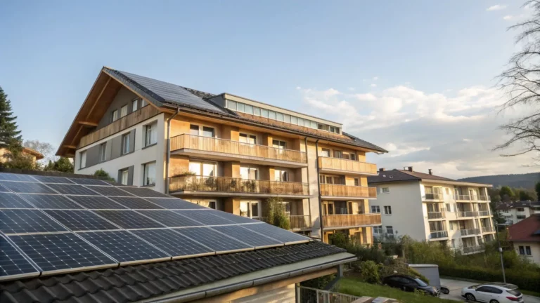 Trisol-immeuble-locatif-panneaux-solaires | Trisol Immeuble résidentiel moderne avec des panneaux solaires sur le toit et des balcons en bois.