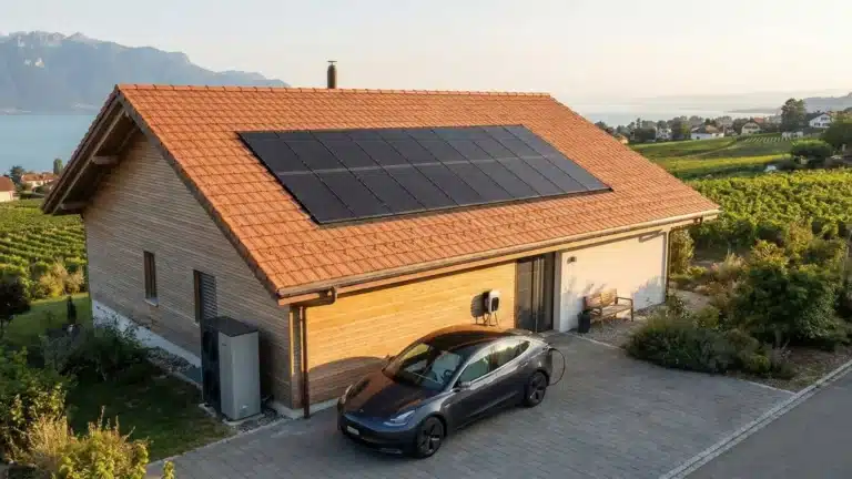 Maison avec des panneaux solaires au bord d'un lac en Suisse.