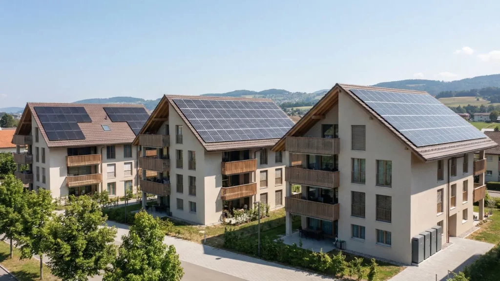 Trisol-immeubles-locatifs-panneaux-solaires | Trisol Trois immeubles avec différentes installations de panneaux solaires.