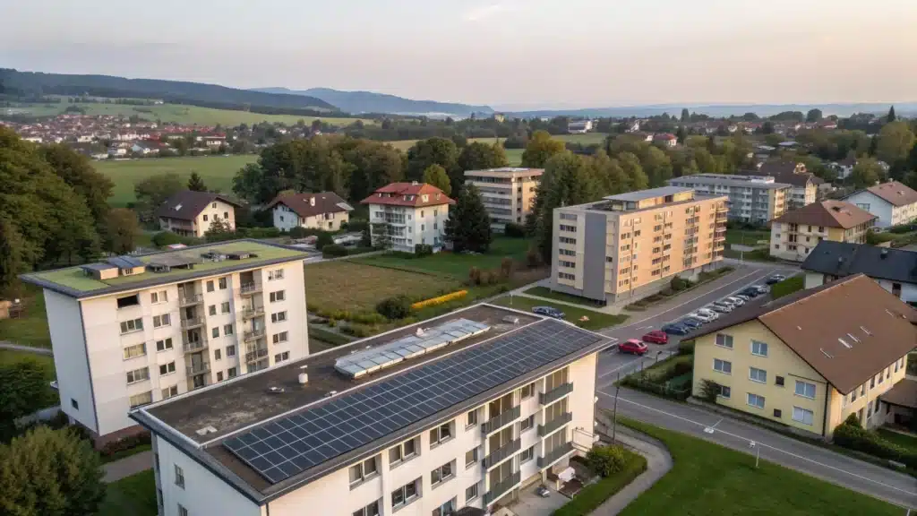 Trisol-vue-drone-immeuble-panneaux-solaires | Trisol Vue aérienne d'un immeuble avec des panneaux solaires sur le toit dans un quartier suisse.