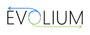 EVOLLIUM logo: black wordmark with a gradient blue-green circular O and curved arrows looping from left to right.