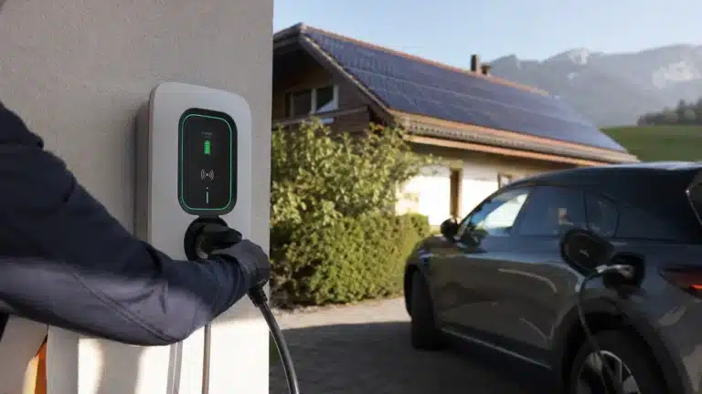 Trisol-Borne-Recharge | Trisol Person plugs an EV charger into a car at a home driveway with solar panels on the roof.
