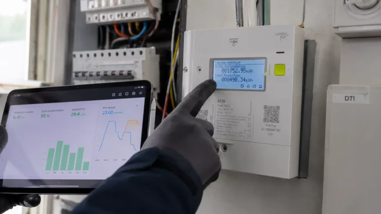 Trisol-Tarif-Rachat | Trisol Technician pointing at an electric meter in a control panel while monitoring energy data on a tablet screen with charts and totals in French.