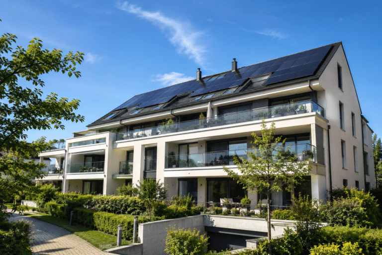 Une belle résidence PPE avec des panneaux solaires. | Comment convaincre sa copropriété PPE de passer au solaire