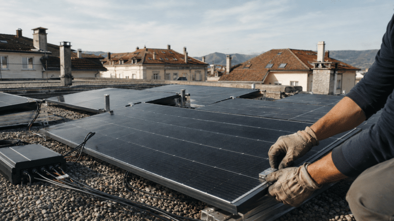 Un agent qui pose des panneaux solaires sur un toit de copropriété. | Réussir un projet solaire en copropriété