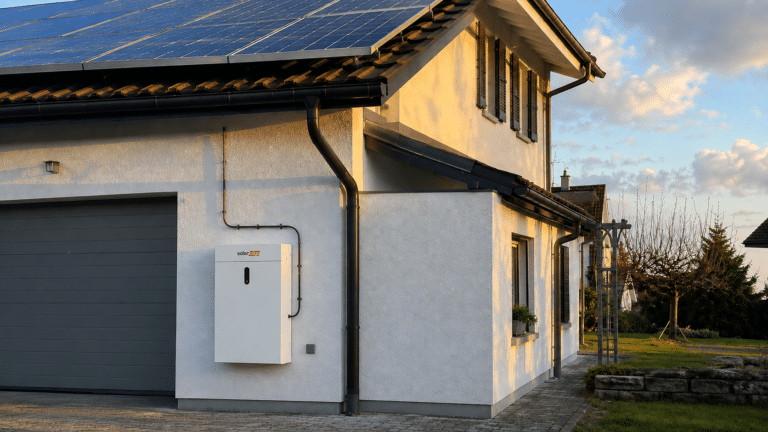 Une maison avec des panneaux photovoltaïques et une batterie solaire. | Une batterie solaire est-elle rentable en 2026&nbsp;?