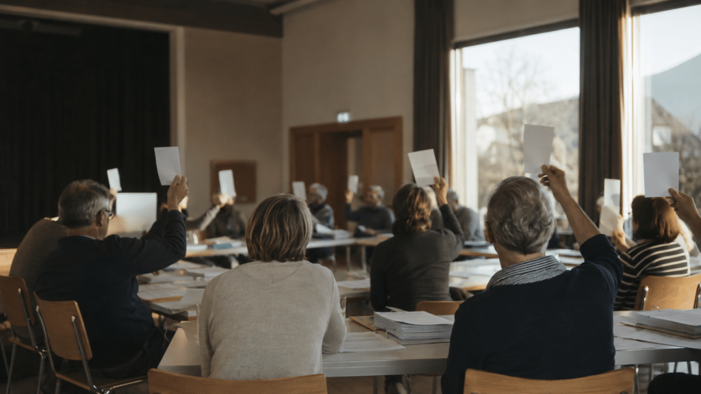 Adultes assis dans une pièce, avec un papier en l | Réussir un projet solaire en copropriété'air pour voter.